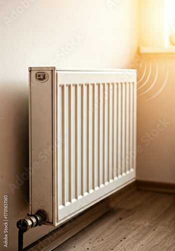 Wallpaper Mural Off-white radiator mounted on a wall, slightly dusty, with visible pipes and sunlight illuminating it Torontodigital.ca