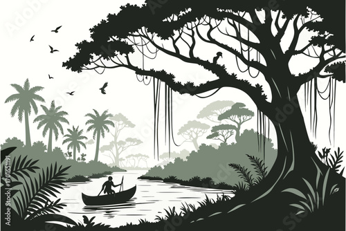 Silhouette of a person in a canoe on a river in a lush jungle.