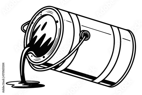 Spilled Paint Bucket Black and White Illustration.