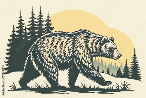 Stylized Bear Walking Through Pine Forest Landscape.
