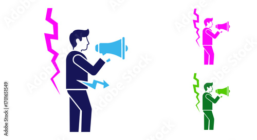 Man with megaphone announcing with colorful energy bursts, communication concept