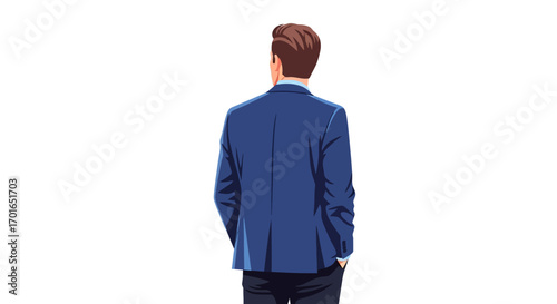 Man in blue suit looking away, thoughtful stance with hands in pockets