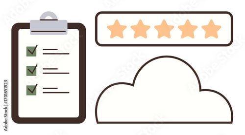 Checklist with green ticks, five-star rating bar, and cloud symbolizing evaluation, achievement, and storage. Ideal for productivity, quality, review, feedback cloud storage project management