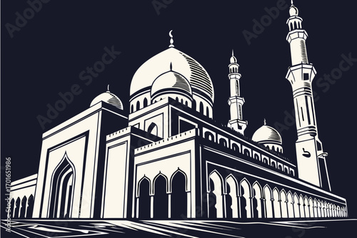 Stylized Islamic Mosque Architecture with Minarets and Domes.