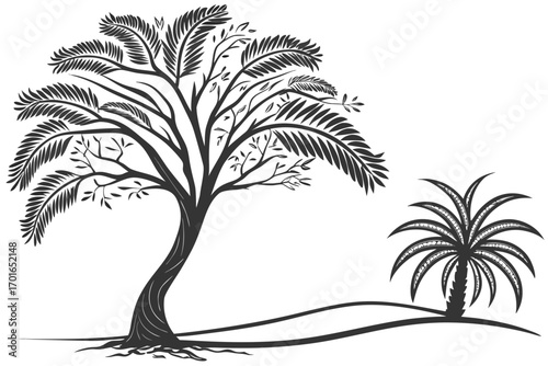 Stylized Silhouette of Palm Trees on Dunes.