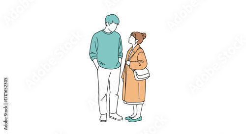 A couple in warm coats gaze at each other with anticipation and affection.