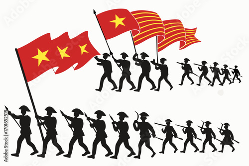 Vietnamese Soldiers Marching with Flags and Spears.