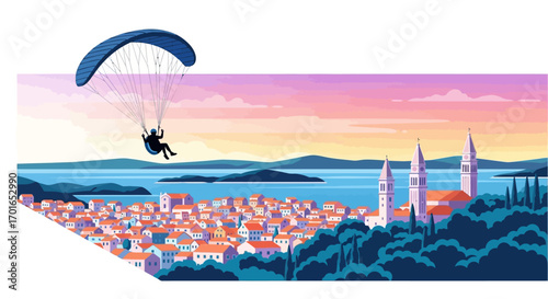 Paraglider soars above picturesque coastal town at sunset with vibrant sky