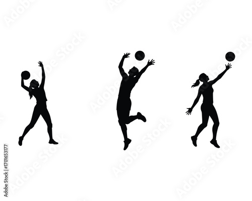 Three dynamic black silhouettes of female volleyball players in action during a game on a white background