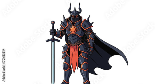 Fierce warrior in dark ornate armor holding a shining sword, ready for battle.