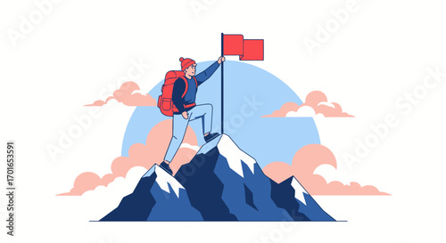 Adventurer plants flag atop snowy mountain peak, celebrating achievement and success.