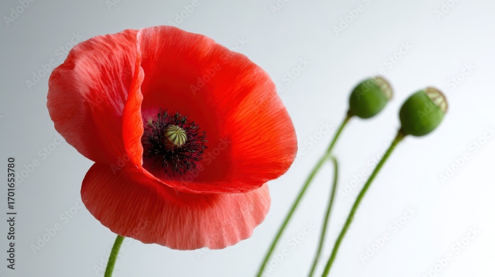 Obraz premium Vibrant Red Poppy Blossom with Green Seed Pods, Symbolizing Remembrance and Peaceful Reflection