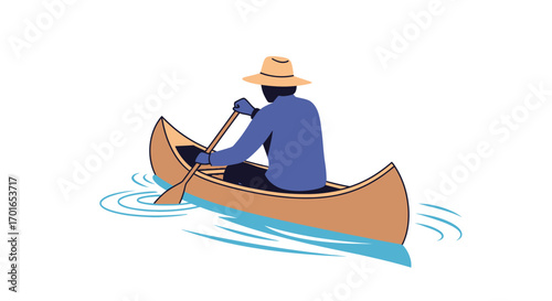 Person wearing hat paddles a canoe on calm water, enjoying a peaceful outdoor journey.