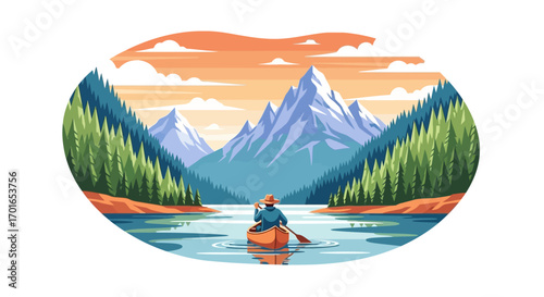 Serene journey on a calm lake amidst majestic mountains and lush forests at sunset.