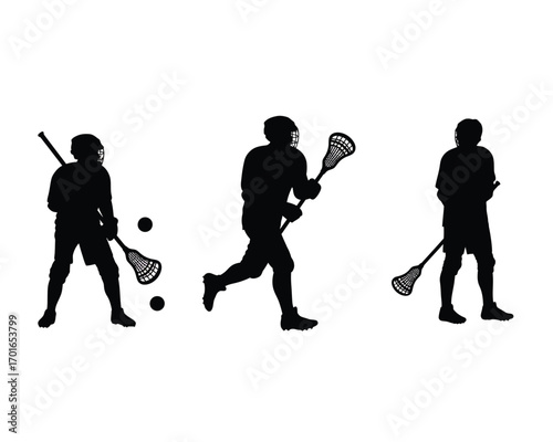 Dynamic silhouette of a lacrosse player in three sequential action poses demonstrating the sport s movement and equipment
