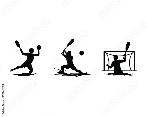 Dynamic silhouettes of athletes playing water polo demonstrating action shots and goalkeeper defense in water splashes