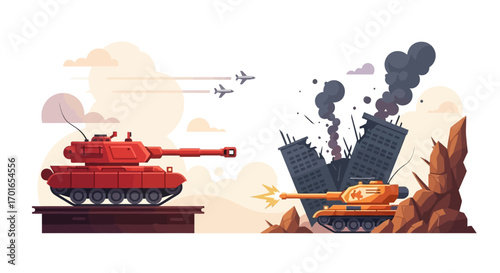 Tension builds as tanks face off amidst destruction and aerial threats, symbolizing conflict and devastation.
