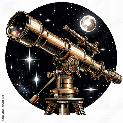 Elegant vintage telescope against a full moon and stars for astronomy-themed designs on a circular desing and transparent background