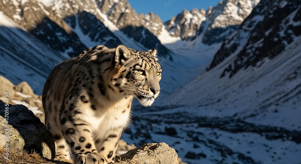 Fototapeta premium A majestic snow leopard stands alert on a rocky outcrop in a snow-covered mountain valley.