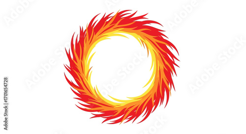 Vibrant fiery circle with swirling flames on a white background, representing energy and passion.