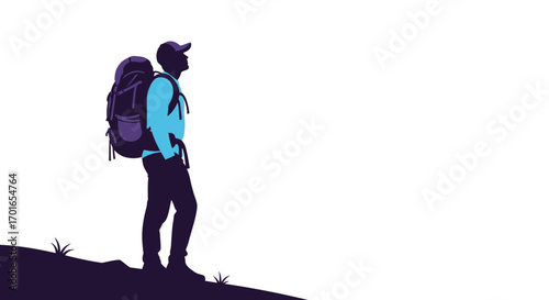 Adventurous hiker with large backpack looks up at vast sky, symbolizing exploration and aspiration.