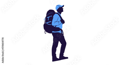 Adventurous man with large backpack hiking outdoors on a bright day.