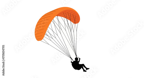 Silhouette of a person paragliding with an orange parachute against a white background