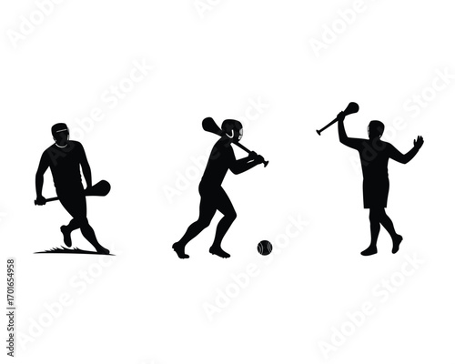 Silhouettes of three athletes playing hurling with hurleys and sliotar on a white background