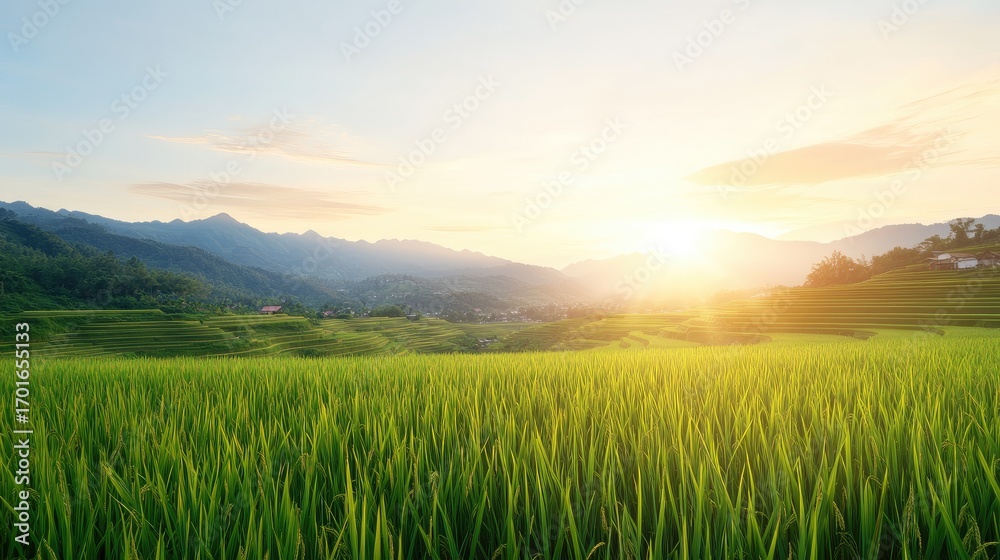 Naklejka premium Sunrise over lush rice terraces