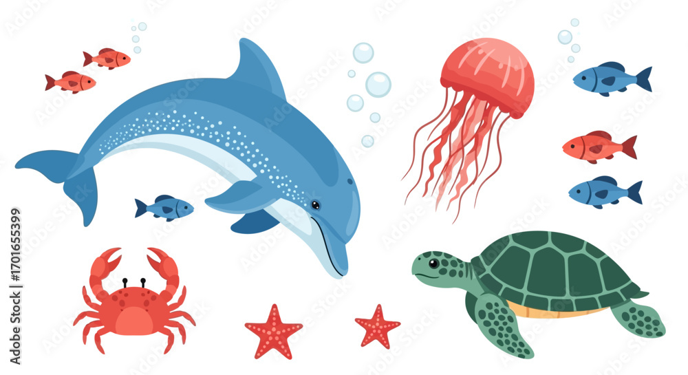 Obraz premium Playful ocean creatures, including a dolphin, turtle, jellyfish, crab, and fish, swim in clear blue water.