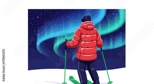 Skier marvels at vibrant aurora borealis dancing in starry night sky