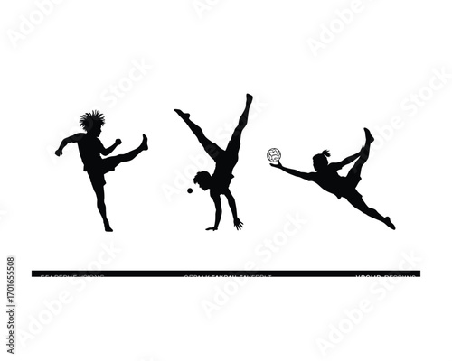 Dynamic silhouettes of three athletic individuals performing energetic dance and gymnastic poses against a clean white background