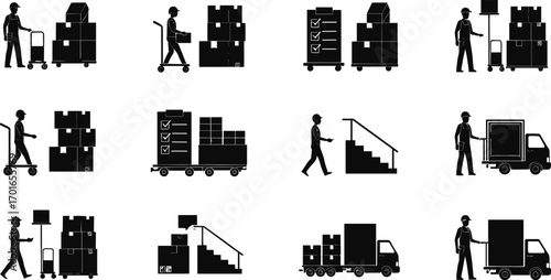 Silhouette vector illustration of warehouse workers handling boxes, moving cargo with hand trucks, loading delivery trucks, logistics transportation and storage operations.
