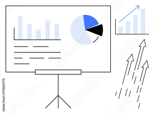 Presentation board with bar chart, pie graph, arrows indicating upward growth, and small graph. Ideal for business, analytics, performance, strategy growth trends data visualization. Simple flat