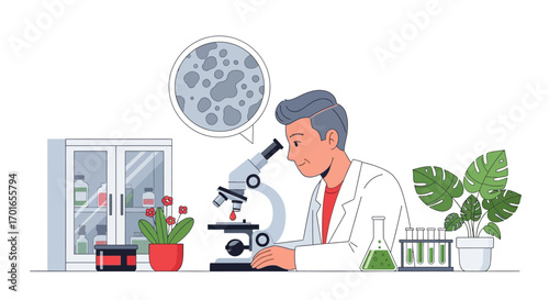 Scientist intently examining sample under microscope in a bright, organized laboratory.