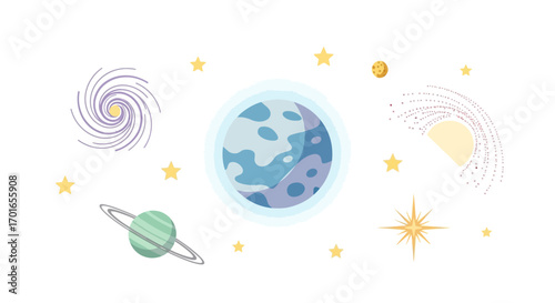 Whimsical celestial bodies and sparkling stars create a magical cosmic scene.