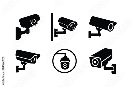 Vector set of security surveillance camera illustrations showing different styles and mounts