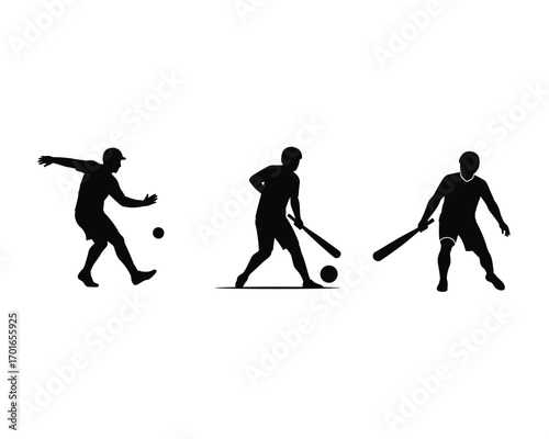 Dynamic silhouette of a baseball player in three poses showing action and athleticism on a white background