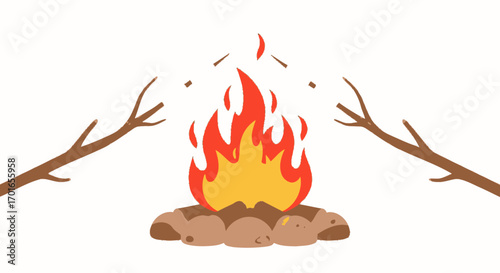 Cozy campfire with glowing embers and rustic wooden sticks, perfect for outdoor adventures.