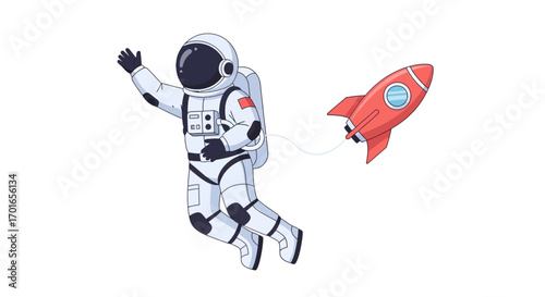 Astronaut waving hello while floating in space with a small rocket nearby