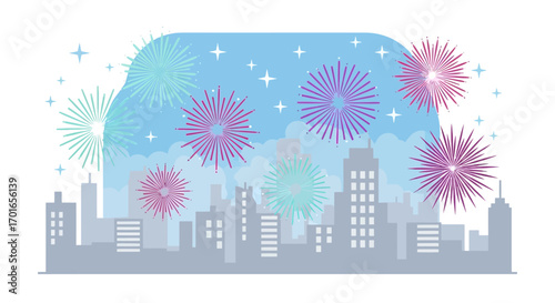 Colorful fireworks explode over a silhouetted cityscape at night, celebrating a festive occasion.