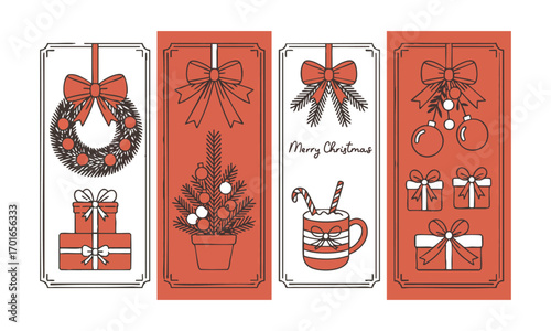 Vintage Christmas Holiday Card Set Minimal Line Art Wreath, Mini Tree, Cocoa Mug, Gifts & Ornaments with Red Bows, easily editable and scalable.