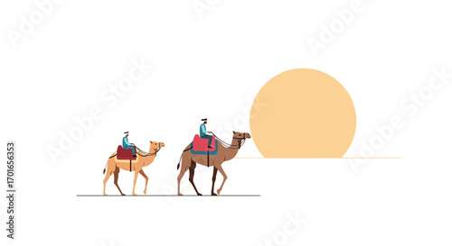 Two people on camels journeying across a desert landscape under a warm sun.