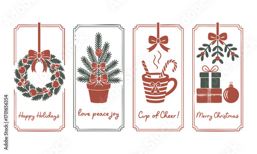 Vintage Christmas Holiday Card Set Minimal Line Art Wreath, Mini Tree, Cocoa Mug, Gifts & Ornaments with Red Bows, easily editable and scalable.