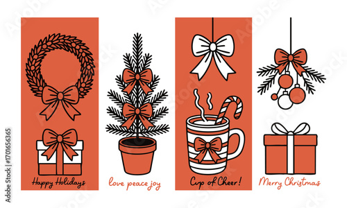 Vintage Christmas Holiday Card Set Minimal Line Art Wreath, Mini Tree, Cocoa Mug, Gifts & Ornaments with Red Bows, easily editable and scalable.