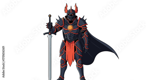 Fierce knight in dark armor with sword and cape stands ready for battle