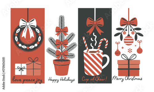 Vintage Christmas Holiday Card Set Minimal Line Art Wreath, Mini Tree, Cocoa Mug, Gifts & Ornaments with Red Bows, easily editable and scalable.