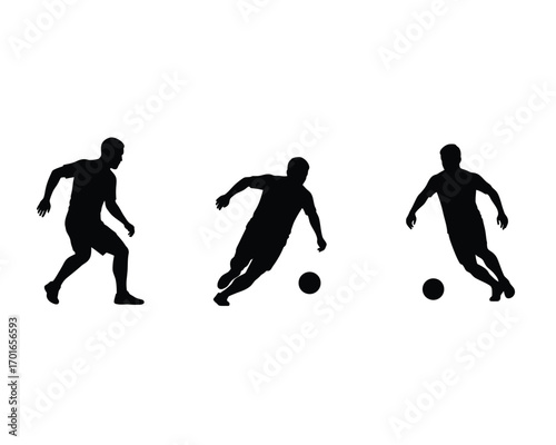 Dynamic silhouettes of three soccer players in action capturing the energy and movement of the sport