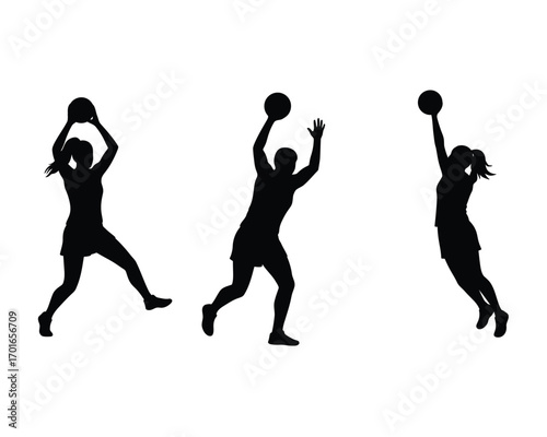 Silhouettes of three female athletes in action playing basketball with the ball above their heads against a white background