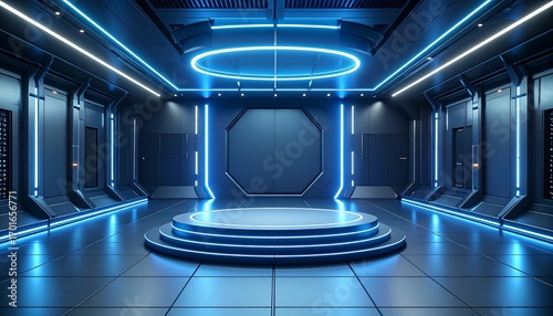Futuristic, dark interior with neon blue lighting and a circular platform